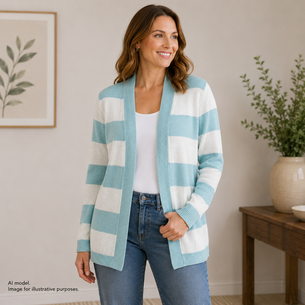 Talbots Sweater Womens XL Blue White Stripe Linen Open Front Cardigan Coastal